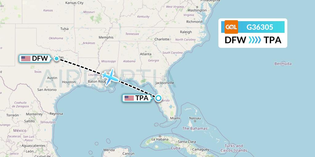 G36305 GOL Transportes Aeros Flight Map: Dallas to Tampa