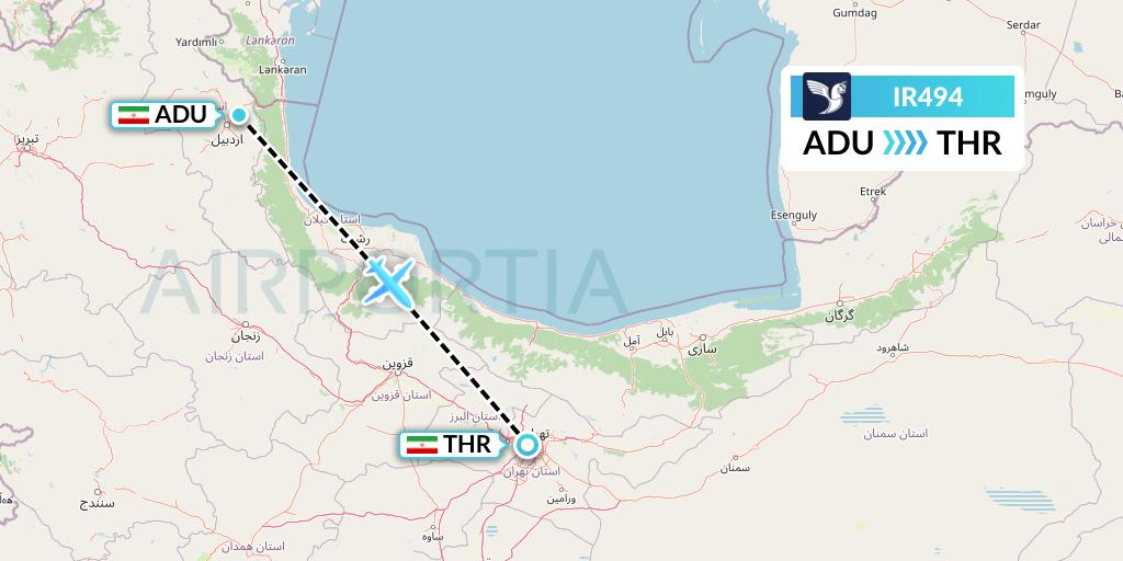 IR494 Iran Air Flight Map: Ardabil to Tehran