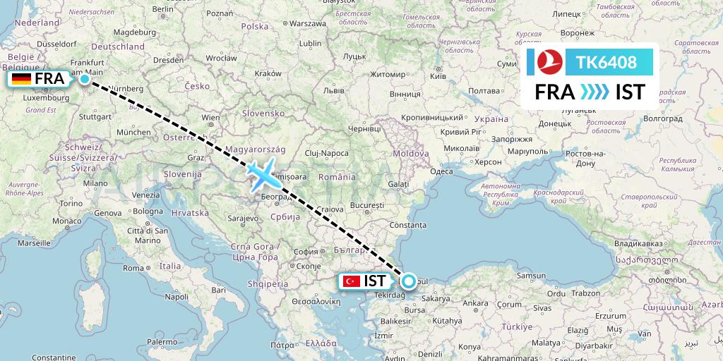 TK6408 Turkish Airlines Flight Map: Frankfurt to Istanbul