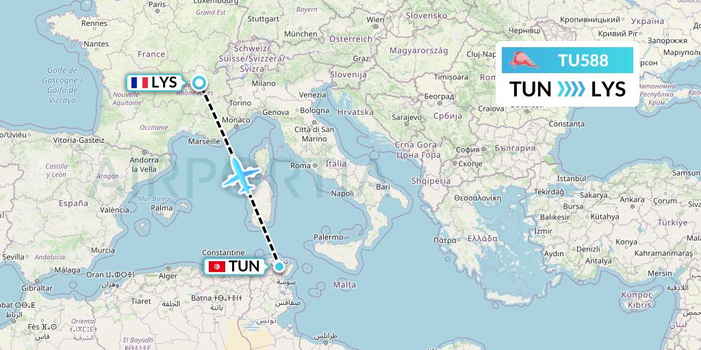 TU588 Tunisair Flight Map: Tunis to Lyon