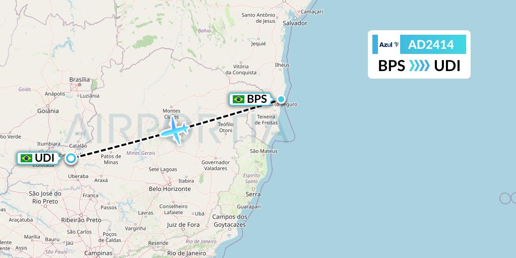 AD2414 Azul Brazilian Airlines Flight Map: Porto Seguro to Uberlandia