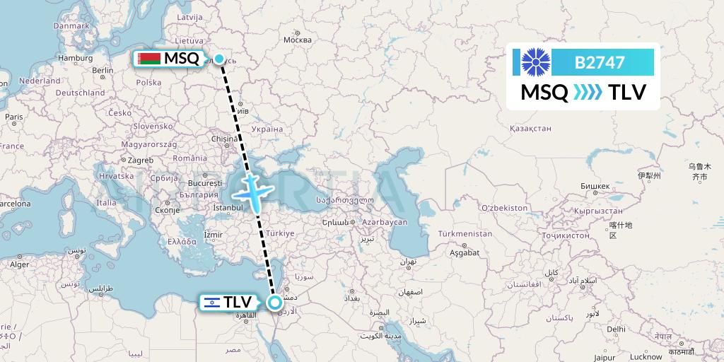 B2747 Belavia Flight Map: Minsk to Tel Aviv
