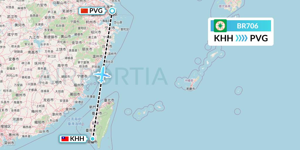 BR706 EVA Air Flight Map: Kaohsiung to Shanghai