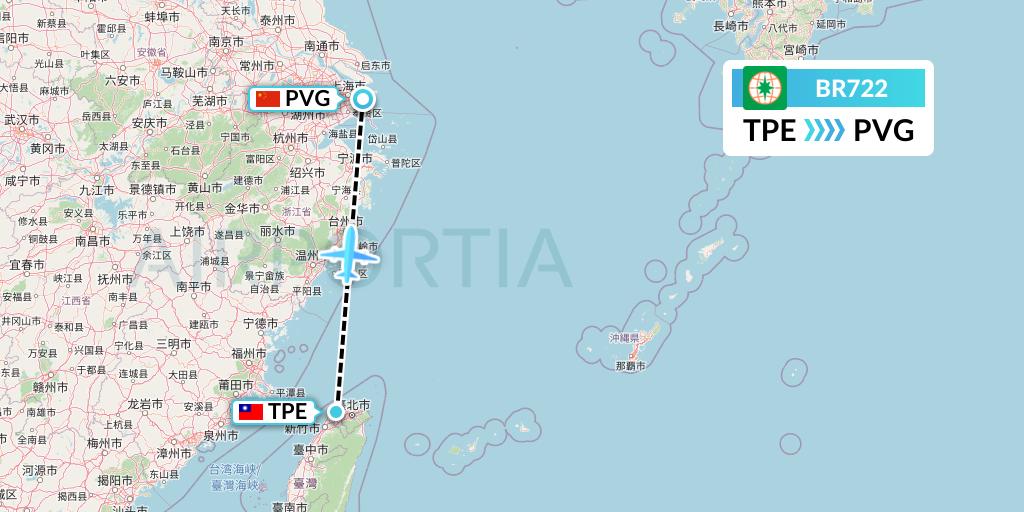 BR722 EVA Air Flight Map: Taipei to Shanghai