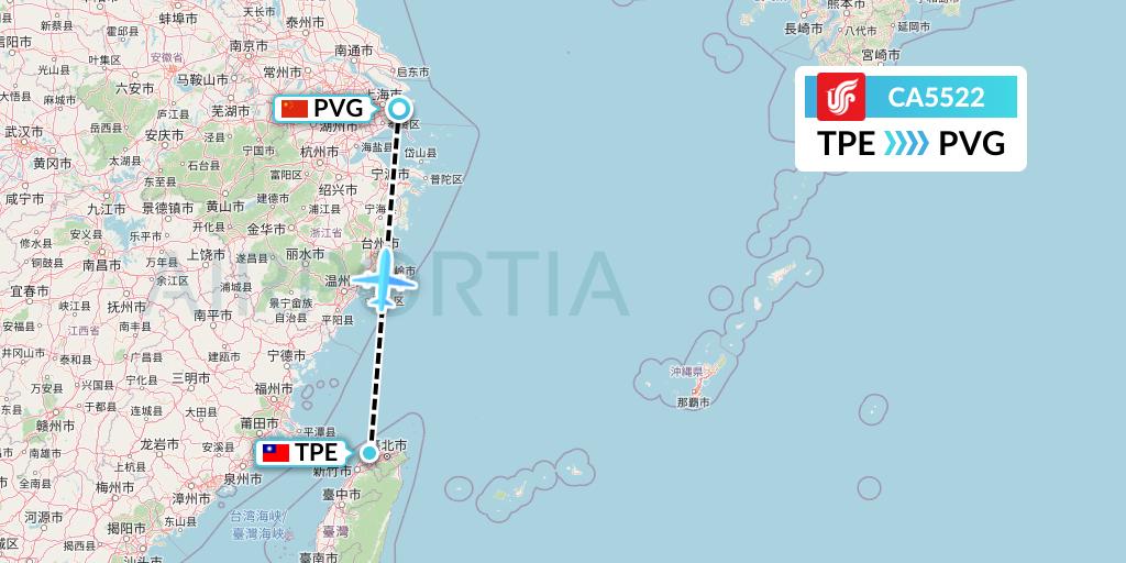 CA5522 Air China Flight Map: Taipei to Shanghai