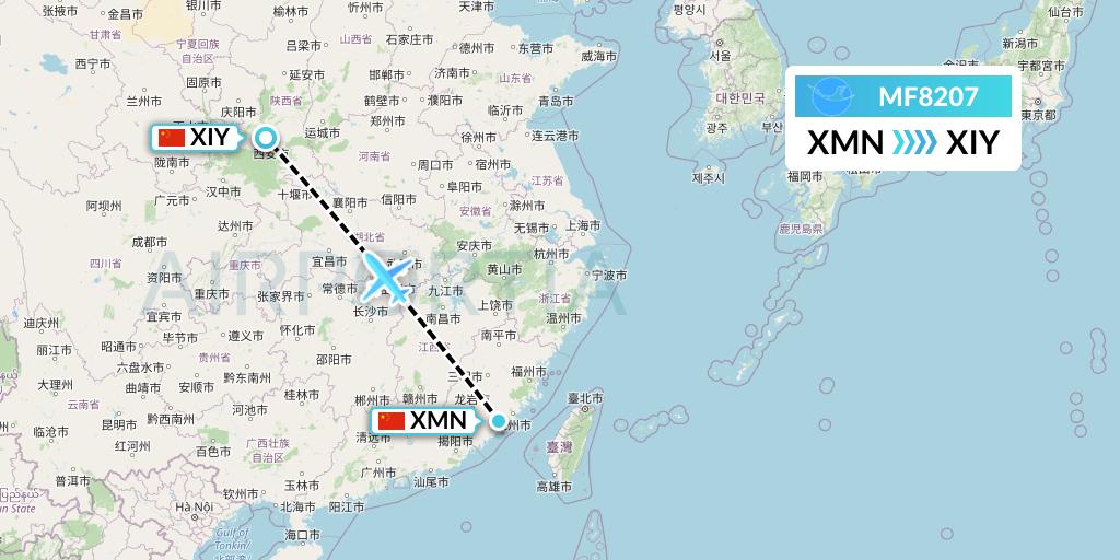 MF8207 Xiamen Airlines Flight Map: Xiamen to Xi'an