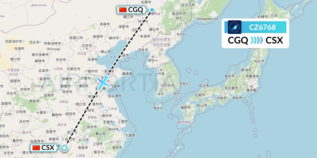 CZ6768 China Southern Airlines Flight Map: Changchun to Changsha