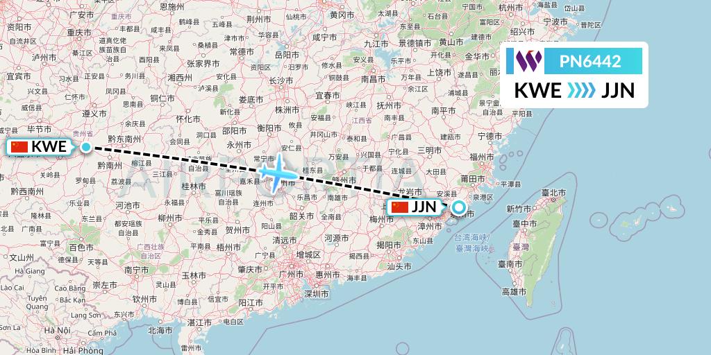 PN6442 China West Air Flight Map: Guiyang to Jinjiang