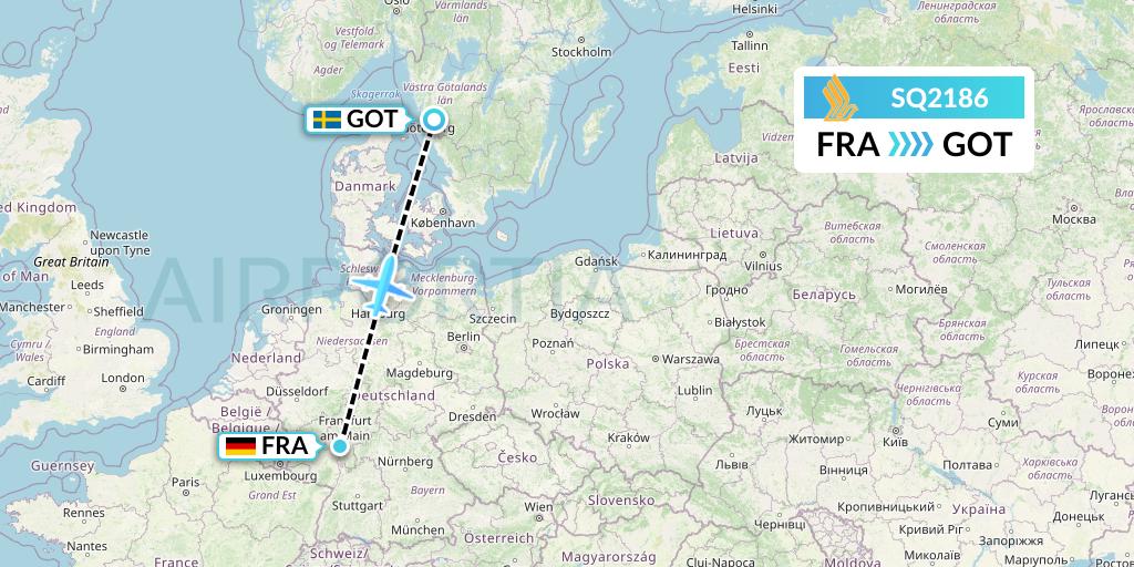 SQ2186 Singapore Airlines Flight Map: Frankfurt to Gothenburg