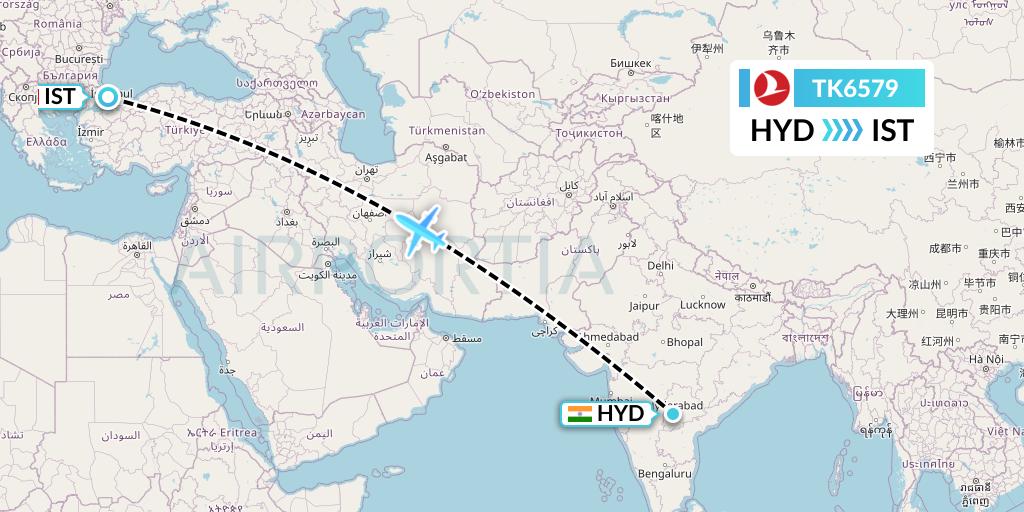 TK6579 Turkish Airlines Flight Map: Hyderabad to Istanbul