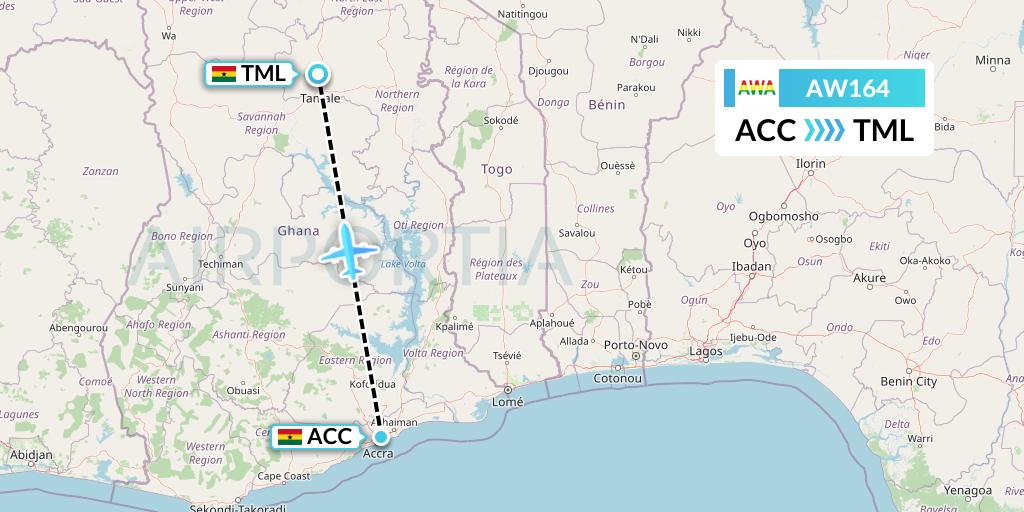 AW164 Africa World Airlines Flight Map: Accra to Tamale