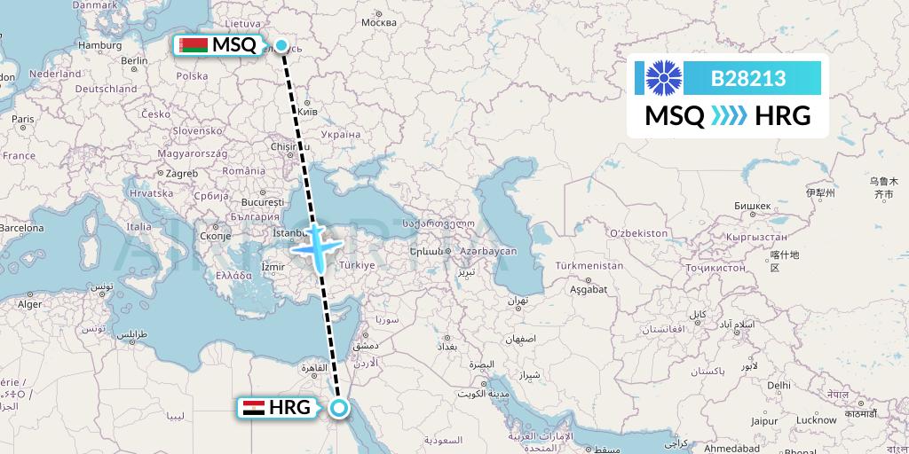B28213 Belavia Flight Map: Minsk to Hurghada