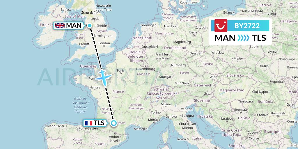 BY2722 TUI Airways Flight Map: Manchester to Toulouse