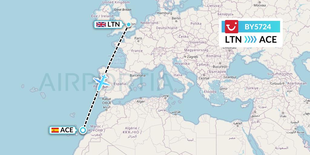 BY5724 TUI Airways Flight Map: London to Lanzarote