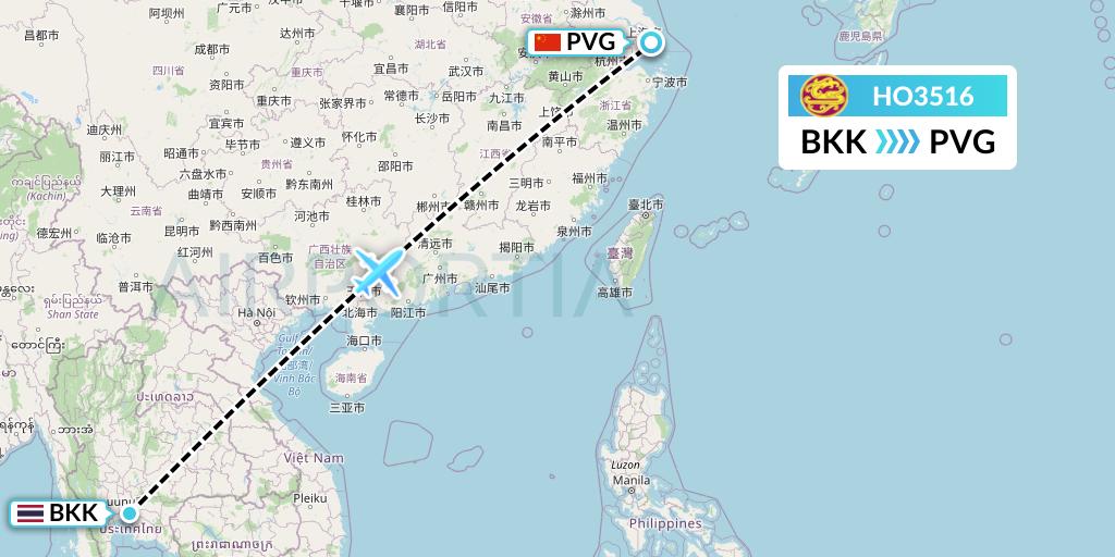HO3516 Juneyao Airlines Flight Map: Bangkok to Shanghai