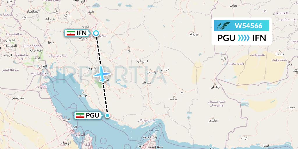 W54566 Mahan Air Flight Map: Assaluyeh to Isfahan