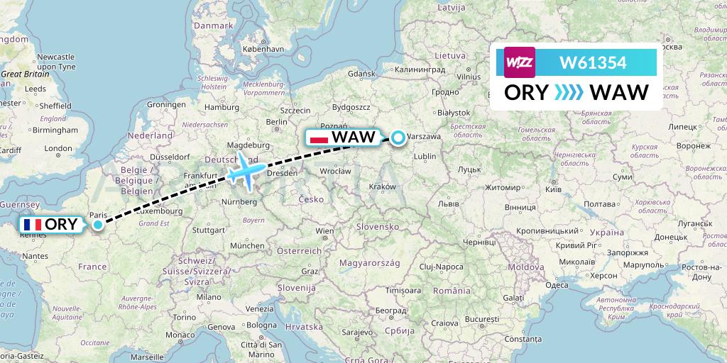 W61354 Wizz Air Flight Map: Paris to Warsaw