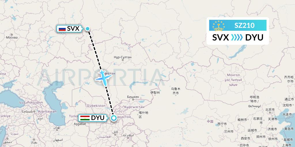 SZ210 Somon Air Flight Map: Yekaterinburg to Dushanbe