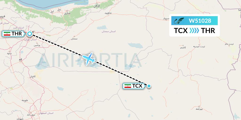 W51028 Mahan Air Flight Map: Tabas to Tehran