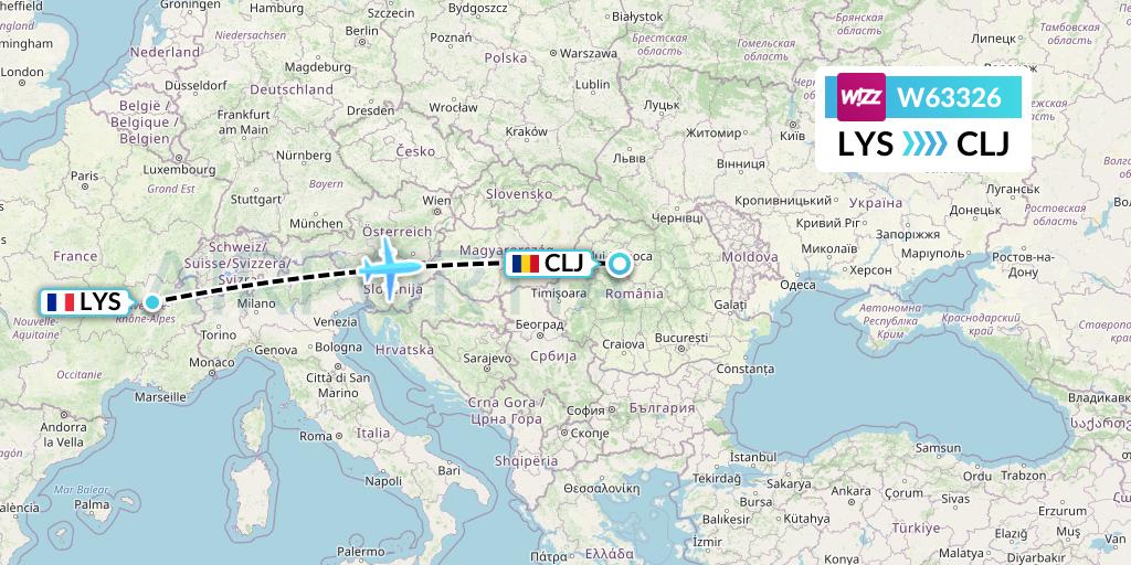 W63326 Wizz Air Flight Map: Lyon to Cluj-Napoca