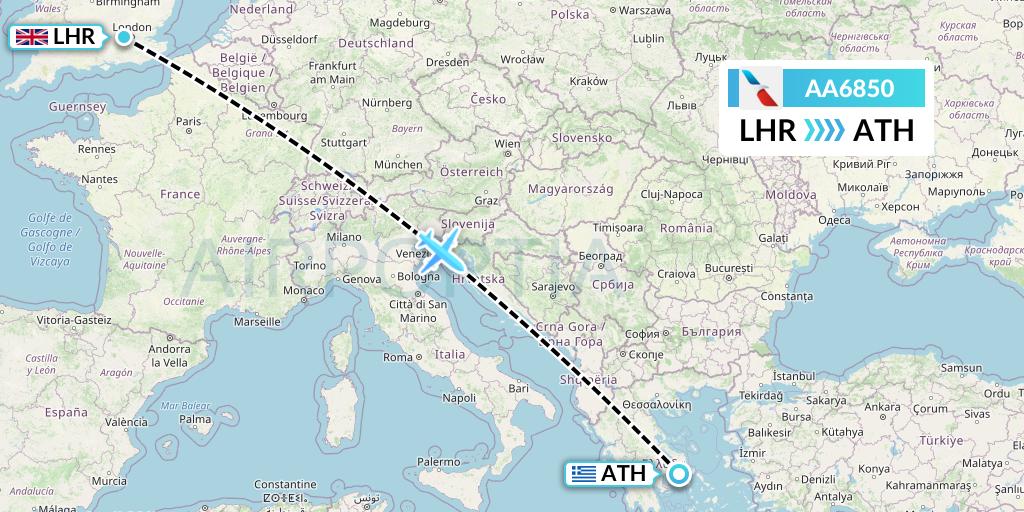 AA6850 American Airlines Flight Map: London to Athens