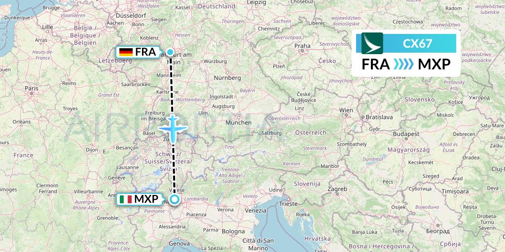 CX67 Cathay Pacific Flight Map: Frankfurt to Milan