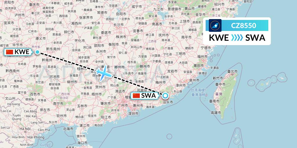 CZ8550 China Southern Airlines Flight Map: Guiyang to Jieyang