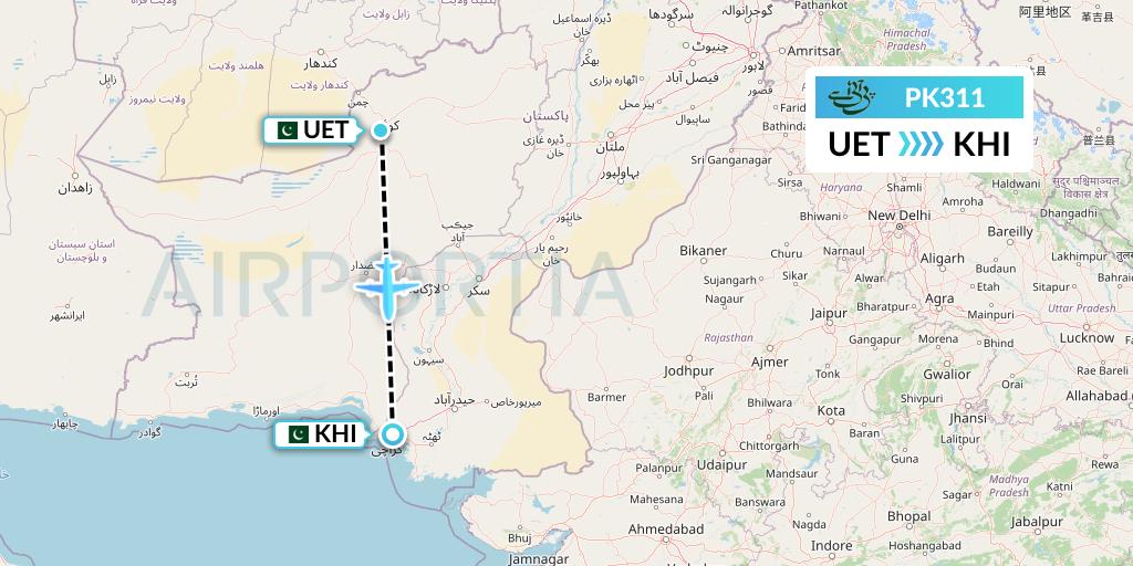 PK311 Pakistan International Airlines Flight Map: Quetta to Karachi