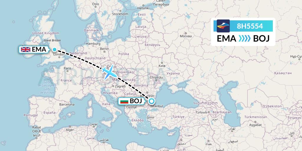 8H5554 BH Air Flight Map: East Midlands to Burgas
