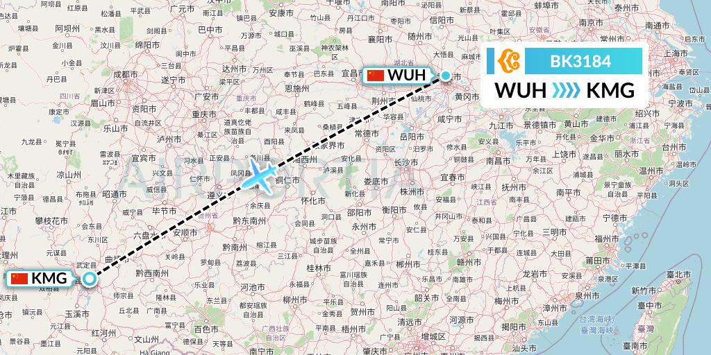 BK3184 Okay Airways Flight Map: Wuhan to Kunming