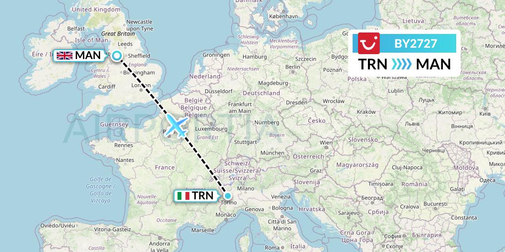 BY2727 TUI Airways Flight Map: Turin to Manchester