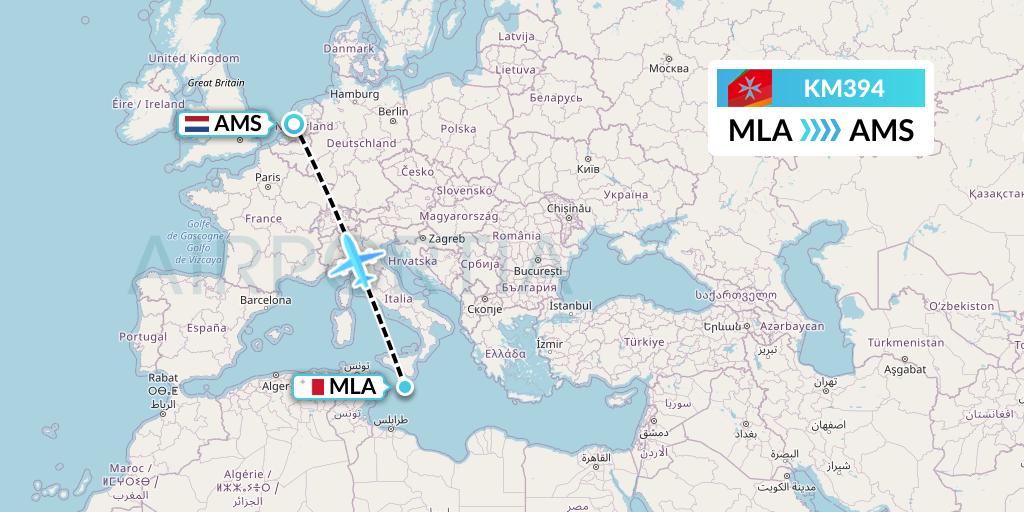 KM394 Air Malta Flight Map: Malta to Amsterdam