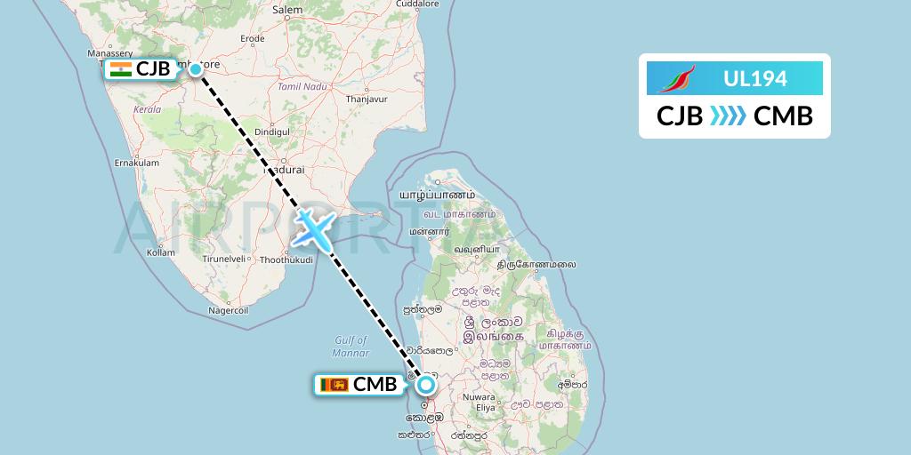UL194 SriLankan Airlines Flight Map: Coimbatore to Colombo