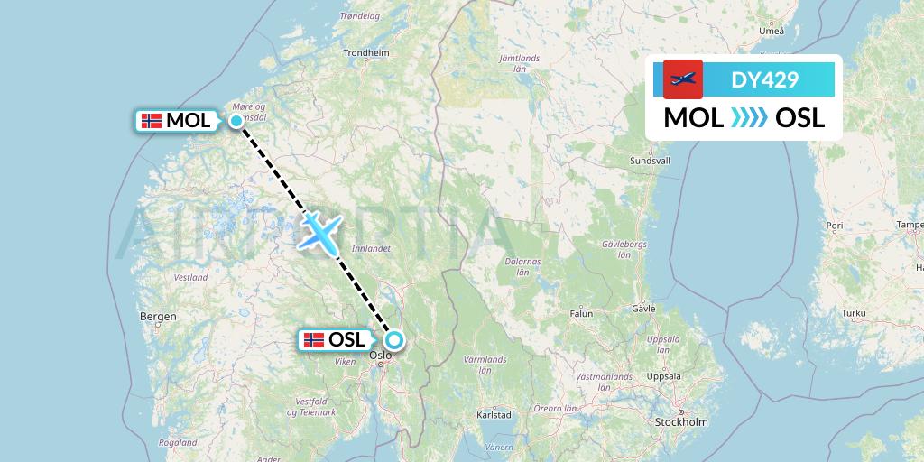 DY429 Norwegian Flight Map: Molde to Oslo