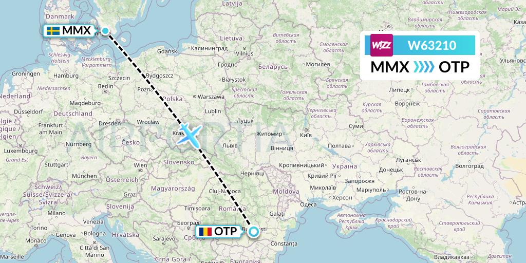 W63210 Wizz Air Flight Map: Malmo to Bucharest