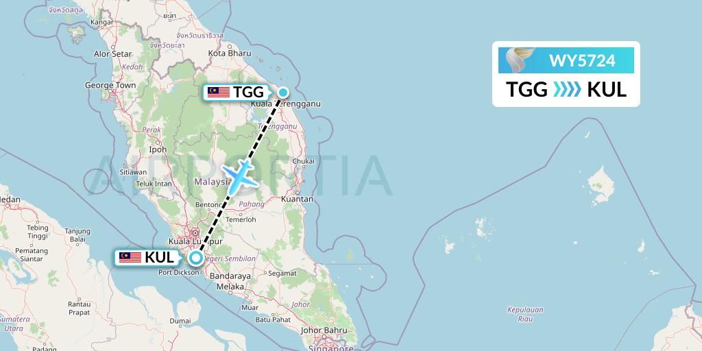 WY5724 Oman Air Flight Map: Kuala Terengganu to Kuala Lumpur