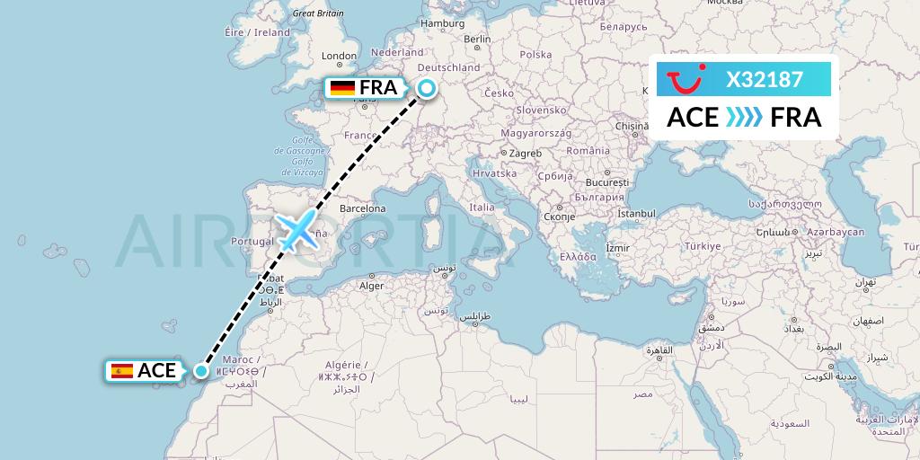 X32187 TUI fly Germany Flight Map: Lanzarote to Frankfurt
