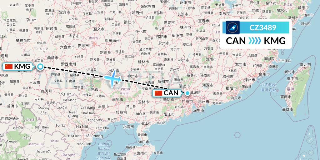CZ3489 China Southern Airlines Flight Map: Guangzhou to Kunming