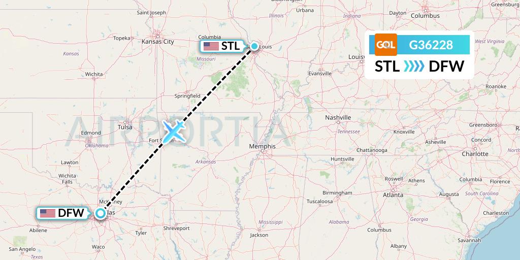 G36228 GOL Transportes Aeros Flight Map: St. Louis to Dallas