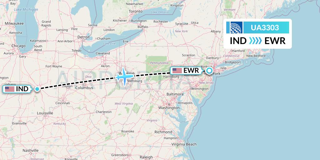 UA3303 United Airlines Flight Map: Indianapolis to New York