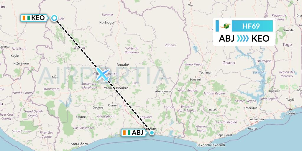 HF69 Air Cote d'Ivoire Flight Map: Abidjan to Odienne