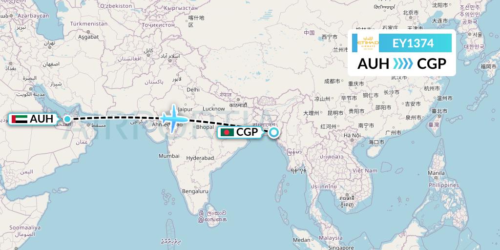 EY1374 Etihad Airways Flight Map: Abu Dhabi to Chittagong