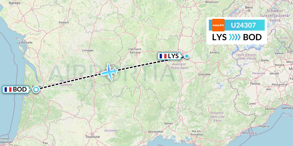 U24307 EasyJet Flight Map: Lyon to Bordeaux