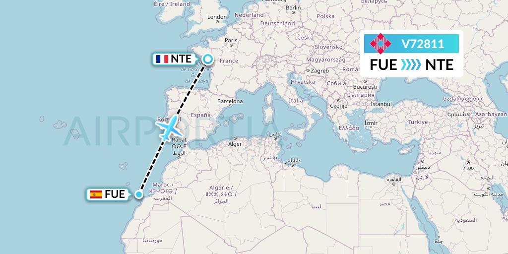 V72811 Volotea Flight Map: Fuerteventura to Nantes