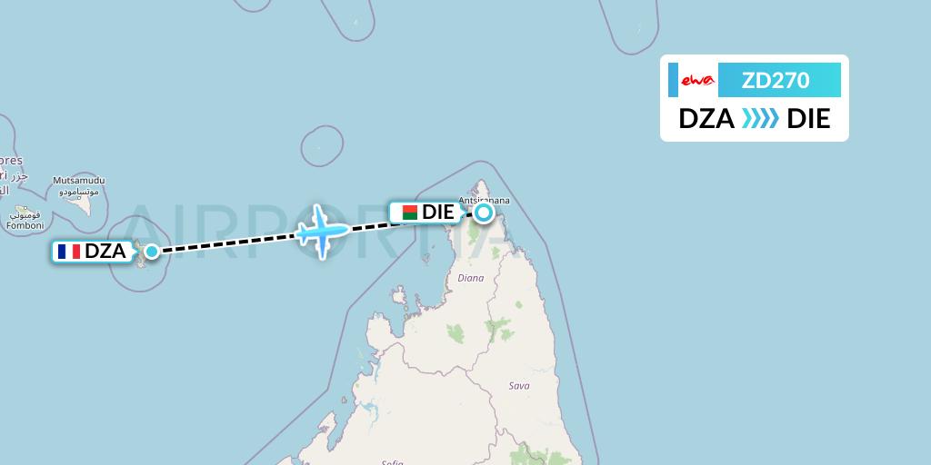 ZD270 EWA Air Flight Map: Dzaoudzi to Madagascar