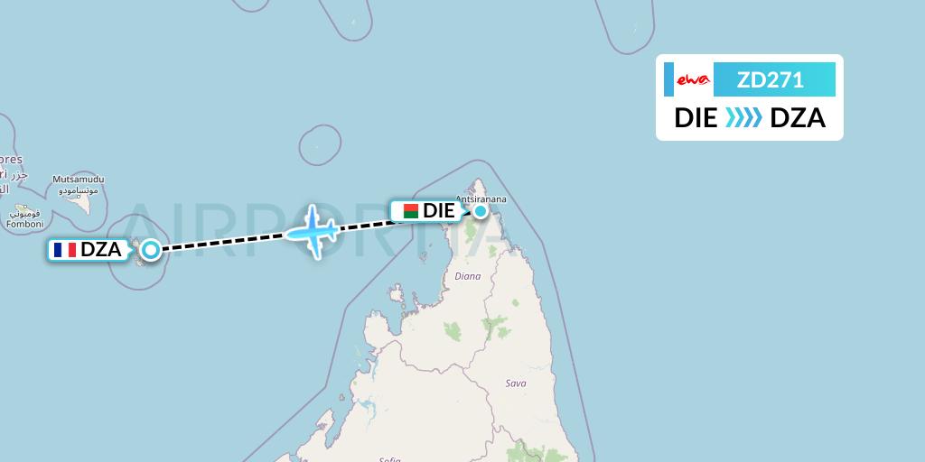 ZD271 EWA Air Flight Map: Madagascar to Dzaoudzi