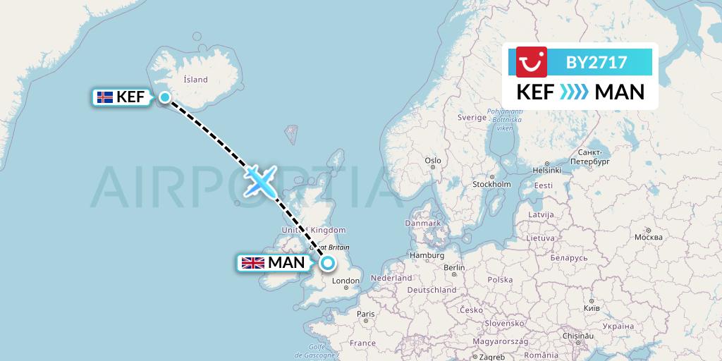 BY2717 TUI Airways Flight Map: Reykjavik to Manchester