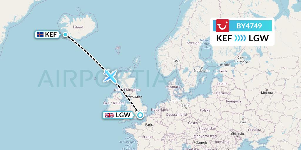 BY4749 TUI Airways Flight Map: Reykjavik to London