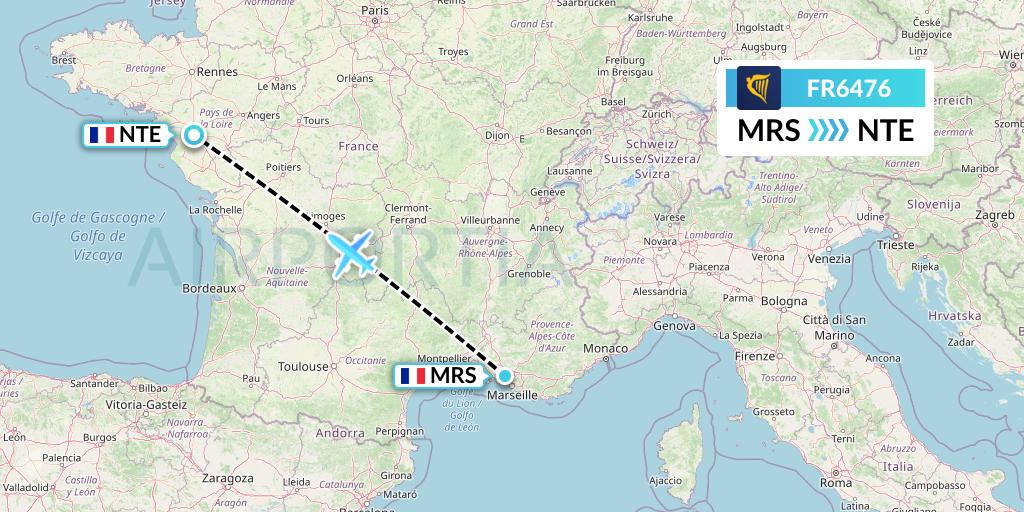 FR6476 Ryanair Flight Map: Marseille to Nantes