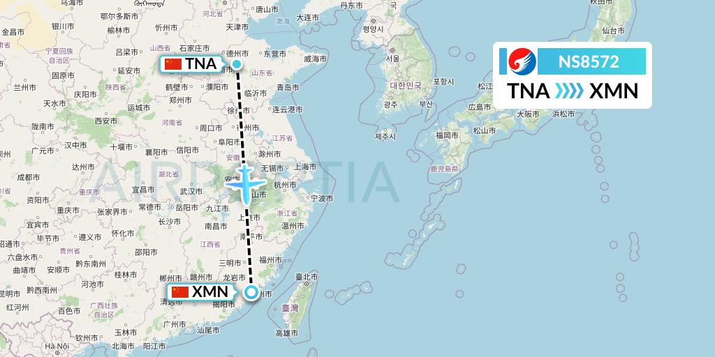 NS8572 Hebei Airlines Flight Map: Jinan to Xiamen